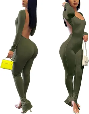 Annystore Women's Sexy Long Sleeve Bodycon Jumpsuit Backless Split Hem Flare Pants One Piece Outfits Rompers Party Clubwear