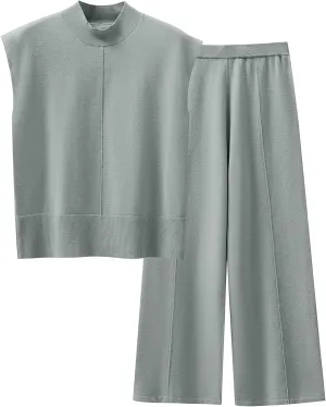 ANRABESS Women 2 Piece Outfits Mock Neck Sweater Vests Wide Leg Pants Lounge Matching Set Summer Vacation Travel Clothing