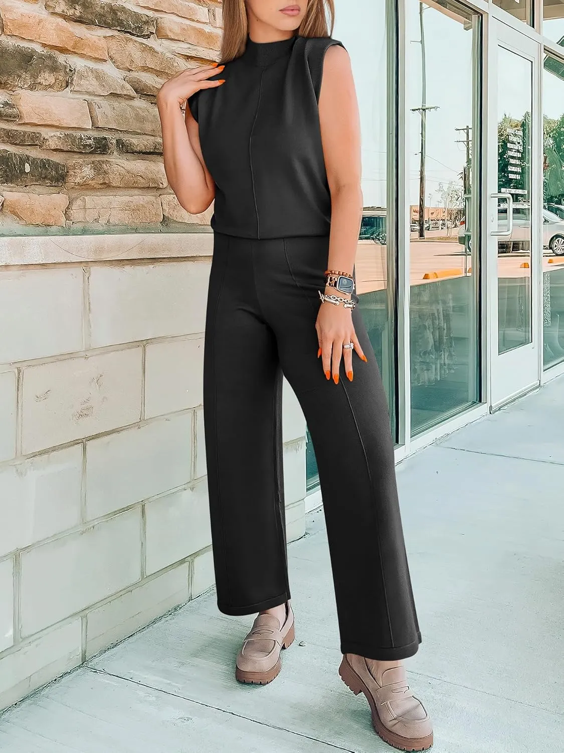 ANRABESS Women 2 Piece Outfits Mock Neck Sweater Vests Wide Leg Pants Lounge Matching Set Summer Vacation Travel Clothing