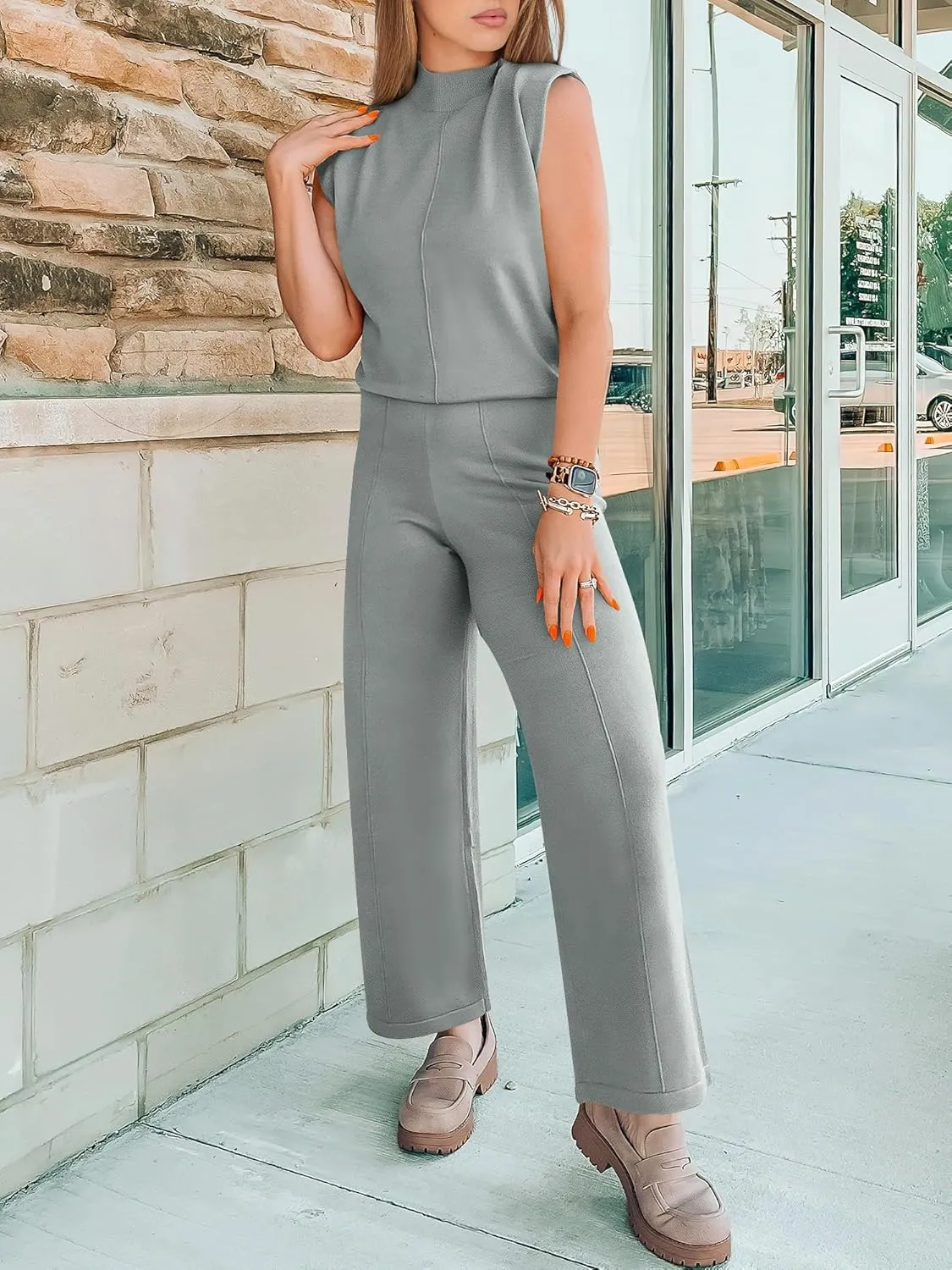 ANRABESS Women 2 Piece Outfits Mock Neck Sweater Vests Wide Leg Pants Lounge Matching Set Summer Vacation Travel Clothing