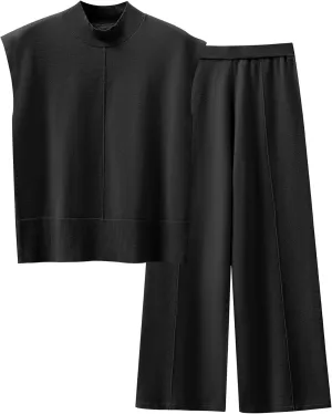 ANRABESS Women 2 Piece Outfits Mock Neck Sweater Vests Wide Leg Pants Lounge Matching Set Summer Vacation Travel Clothing