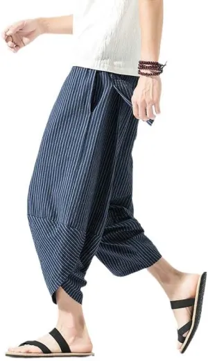 Aoleaky Autumn Harajuku Men Hip Hop Harem Pants Summer Trousers Mens Casual Pants Male Stripe Calf-Length Pants Chinese Style
