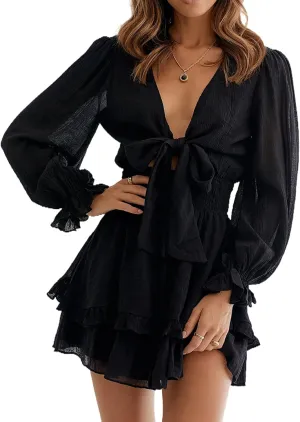 Astylish Women's Cute Summer Spring Casual Sexy Deep V Neck Tie Knot Dress Ruffle Chiffon Lantern Bell Sleeve Elegant Hawaiian Flowy Mini Short Skirt Dresses for Women Party 2021 Black Medium