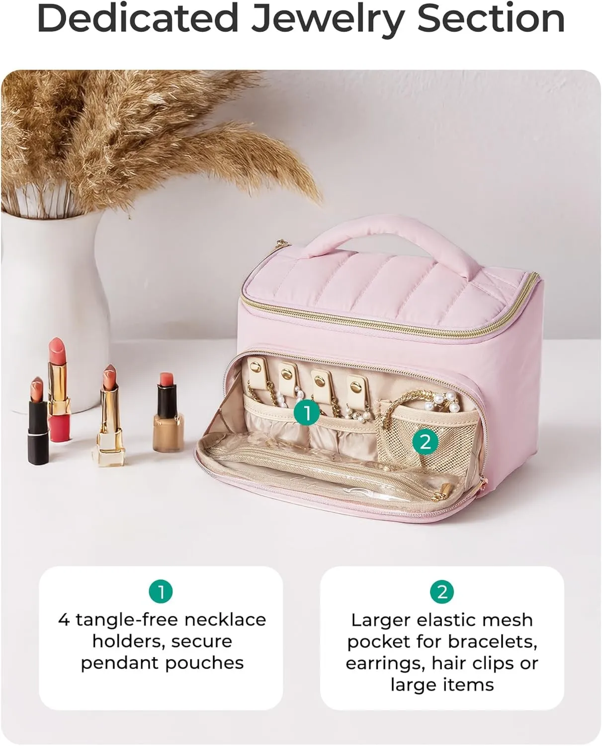 BAGSMART Travel Makeup Bag with Jewelry Organizer, Portable Make Up Bag, Puffy Wide-Opening Cosmetic Storage Pouch for Womens Toiletries and Travel Essentials (Baby Pink)