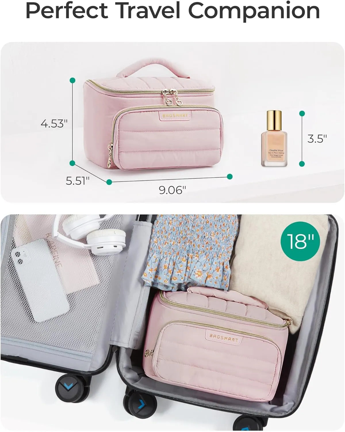 BAGSMART Travel Makeup Bag with Jewelry Organizer, Portable Make Up Bag, Puffy Wide-Opening Cosmetic Storage Pouch for Womens Toiletries and Travel Essentials (Baby Pink)