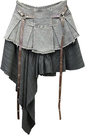 BAIMORE Women's Y2k High Waist Layer Patchwork Pleated Asymmetrical Hem A Line Denim Mini Skirt