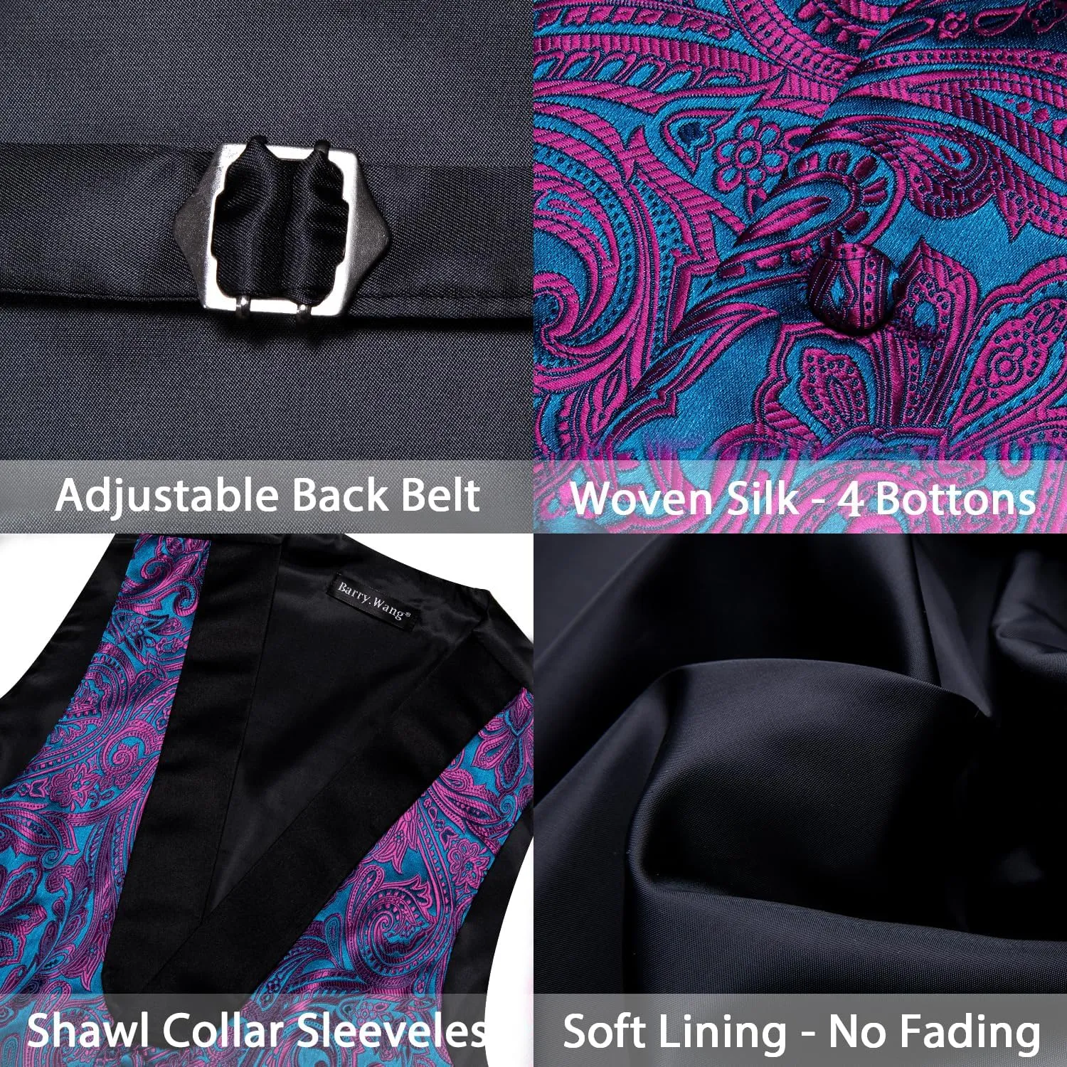 Barry.Wang Mens Silk Lapel/Shawl Collar Vest Tie Sleeve Holder Set Formal/Casual Paisley Vests Wedding Tuxedo Waistcoat