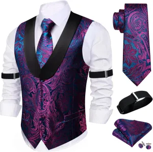 Barry.Wang Mens Silk Lapel/Shawl Collar Vest Tie Sleeve Holder Set Formal/Casual Paisley Vests Wedding Tuxedo Waistcoat