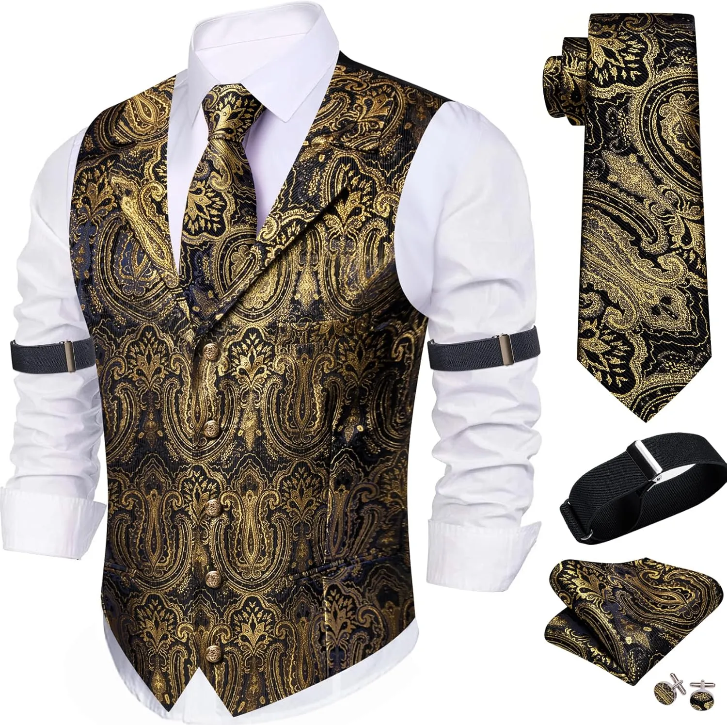 Barry.Wang Mens Silk Lapel/Shawl Collar Vest Tie Sleeve Holder Set Formal/Casual Paisley Vests Wedding Tuxedo Waistcoat
