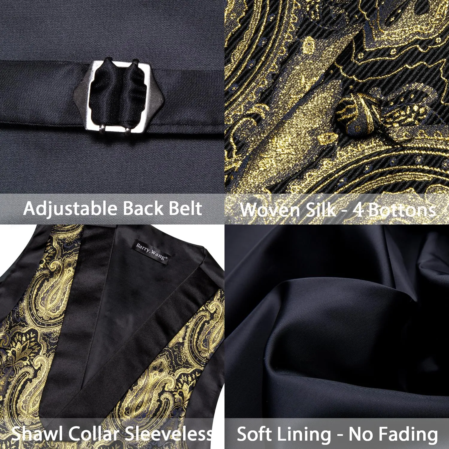 Barry.Wang Mens Silk Lapel/Shawl Collar Vest Tie Sleeve Holder Set Formal/Casual Paisley Vests Wedding Tuxedo Waistcoat
