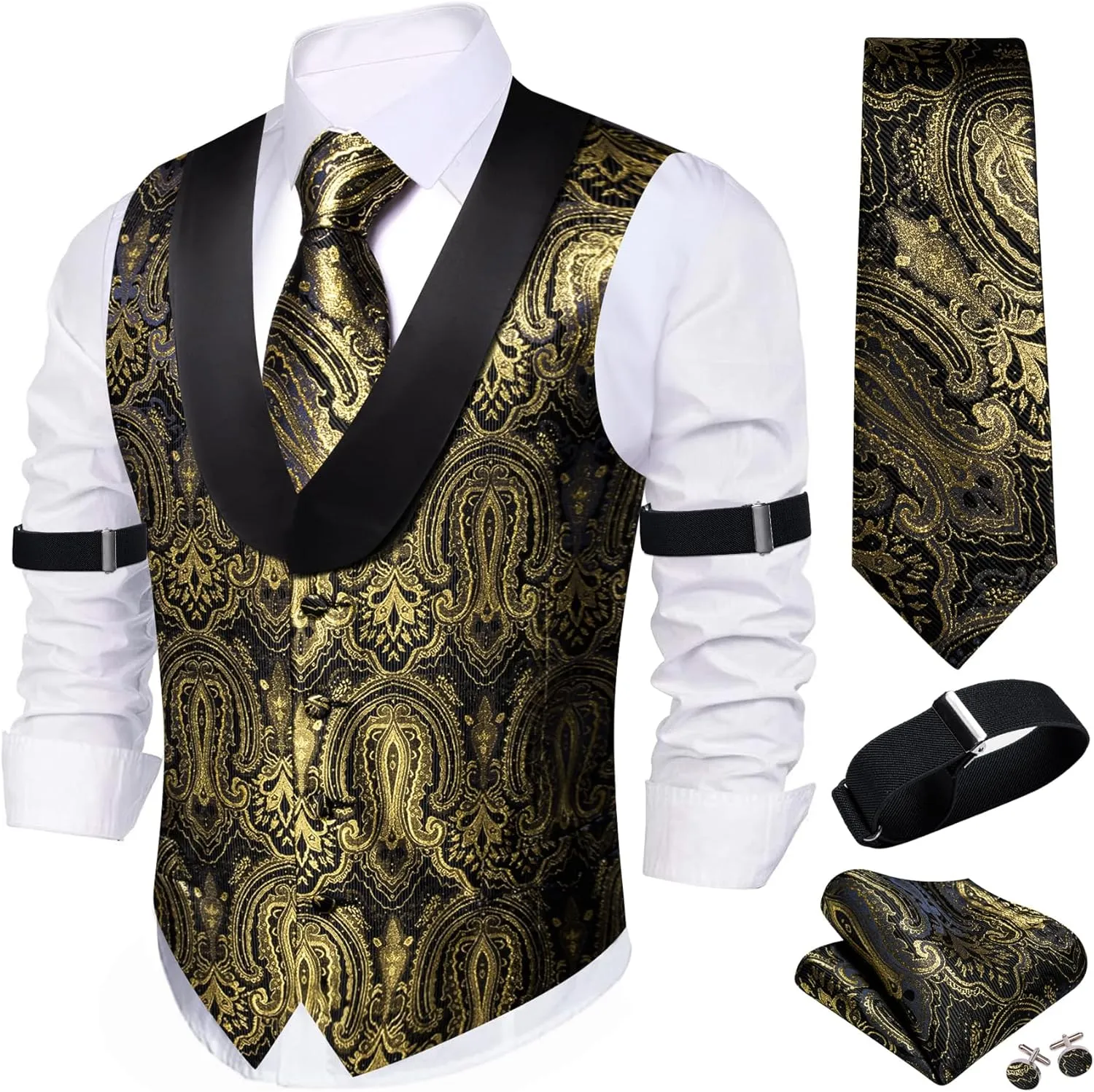 Barry.Wang Mens Silk Lapel/Shawl Collar Vest Tie Sleeve Holder Set Formal/Casual Paisley Vests Wedding Tuxedo Waistcoat