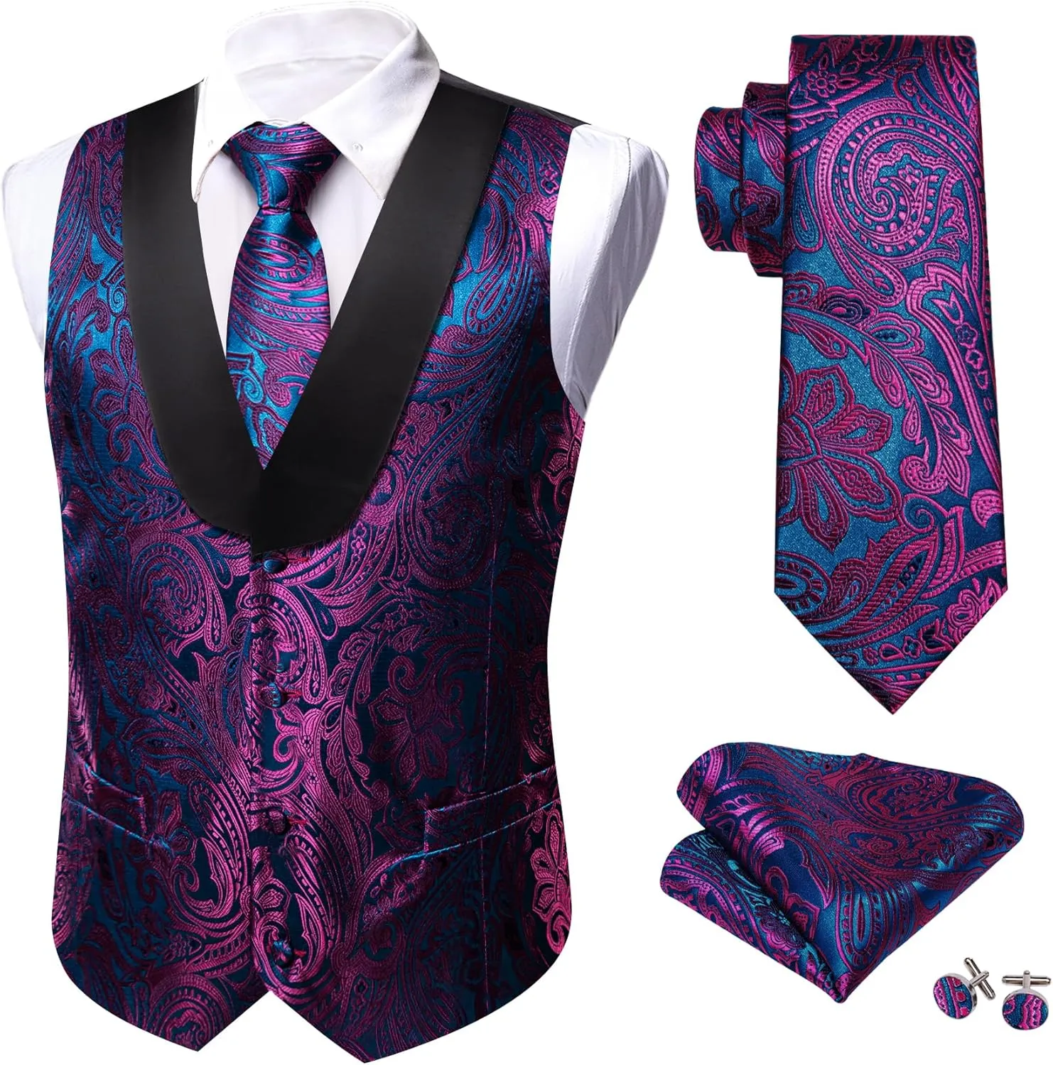 Barry.Wang Mens Silk Lapel/Shawl Collar Vest Tie Sleeve Holder Set Formal/Casual Paisley Vests Wedding Tuxedo Waistcoat