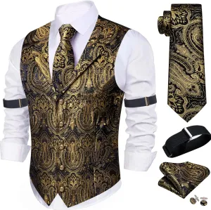 Barry.Wang Mens Silk Lapel/Shawl Collar Vest Tie Sleeve Holder Set Formal/Casual Paisley Vests Wedding Tuxedo Waistcoat