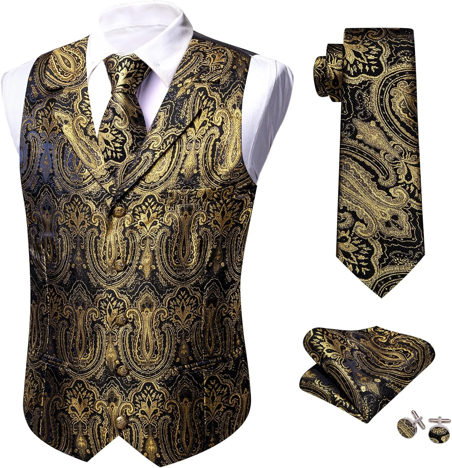 Barry.Wang Mens Silk Lapel/Shawl Collar Vest Tie Sleeve Holder Set Formal/Casual Paisley Vests Wedding Tuxedo Waistcoat