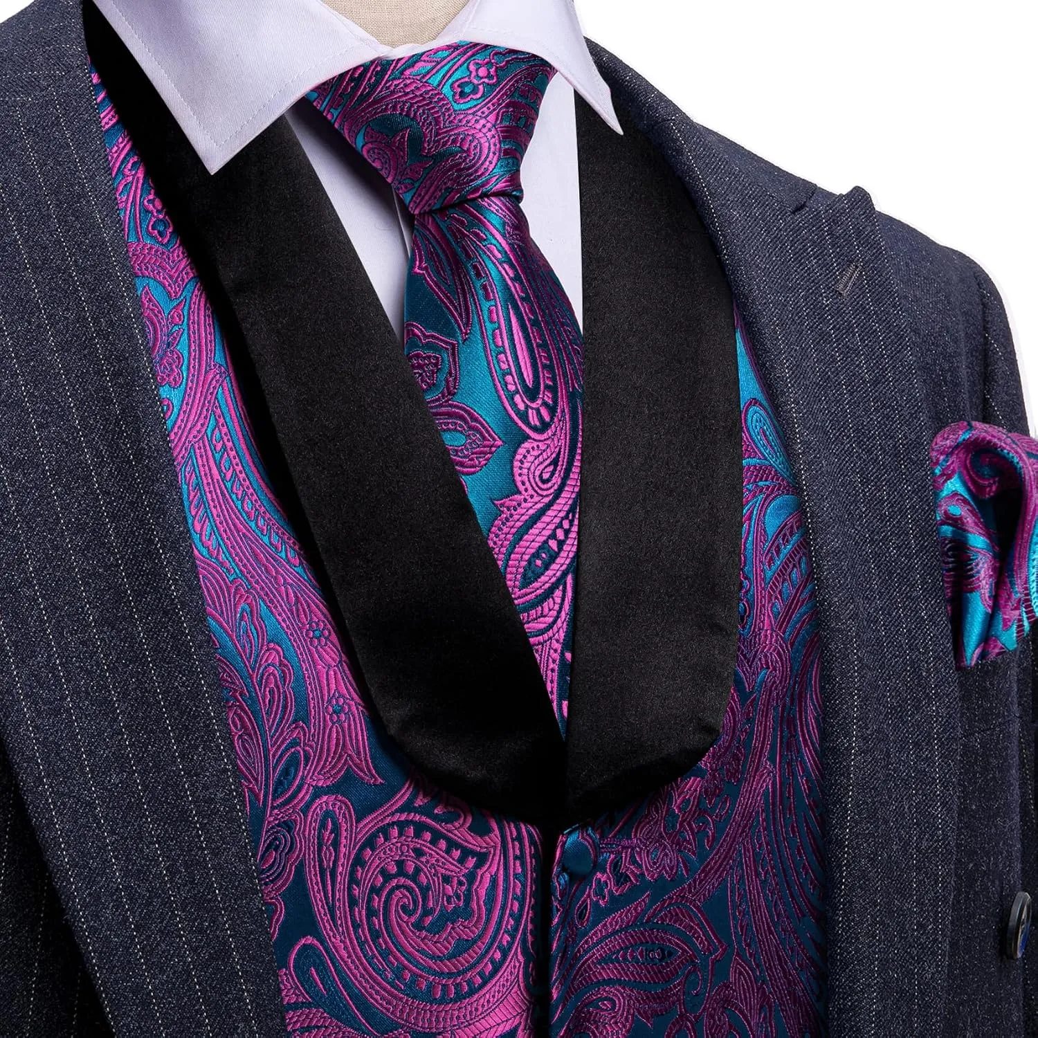 Barry.Wang Mens Silk Lapel/Shawl Collar Vest Tie Sleeve Holder Set Formal/Casual Paisley Vests Wedding Tuxedo Waistcoat