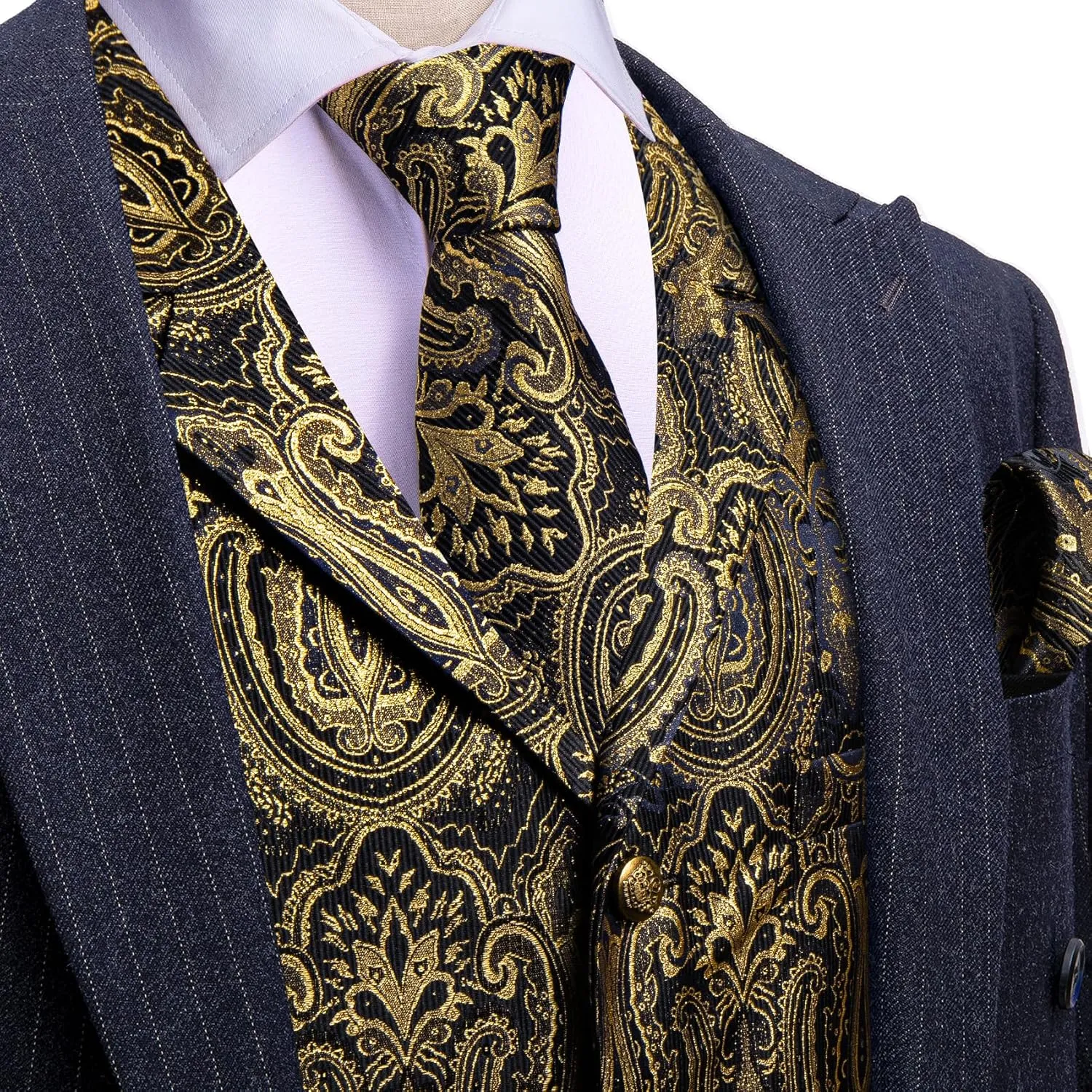 Barry.Wang Mens Silk Lapel/Shawl Collar Vest Tie Sleeve Holder Set Formal/Casual Paisley Vests Wedding Tuxedo Waistcoat
