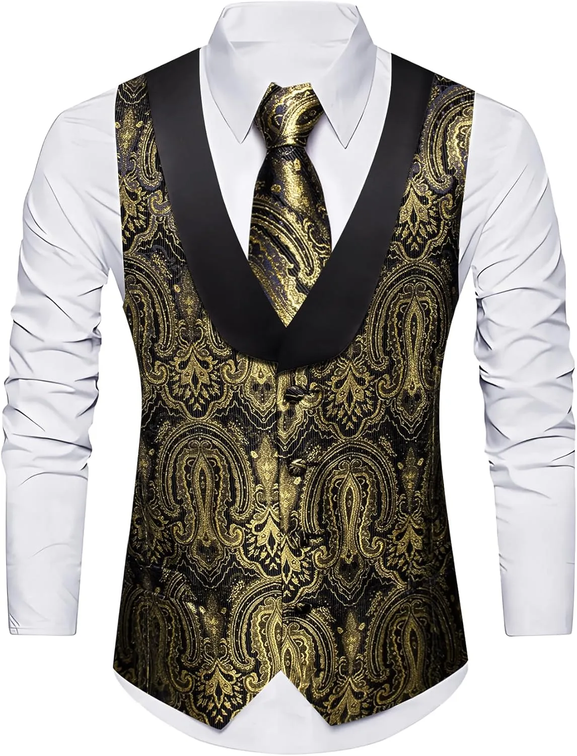 Barry.Wang Mens Silk Lapel/Shawl Collar Vest Tie Sleeve Holder Set Formal/Casual Paisley Vests Wedding Tuxedo Waistcoat