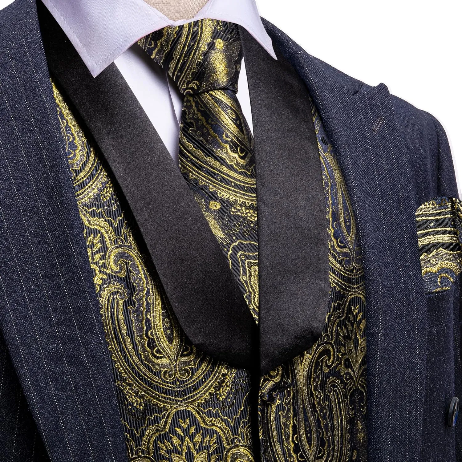 Barry.Wang Mens Silk Lapel/Shawl Collar Vest Tie Sleeve Holder Set Formal/Casual Paisley Vests Wedding Tuxedo Waistcoat