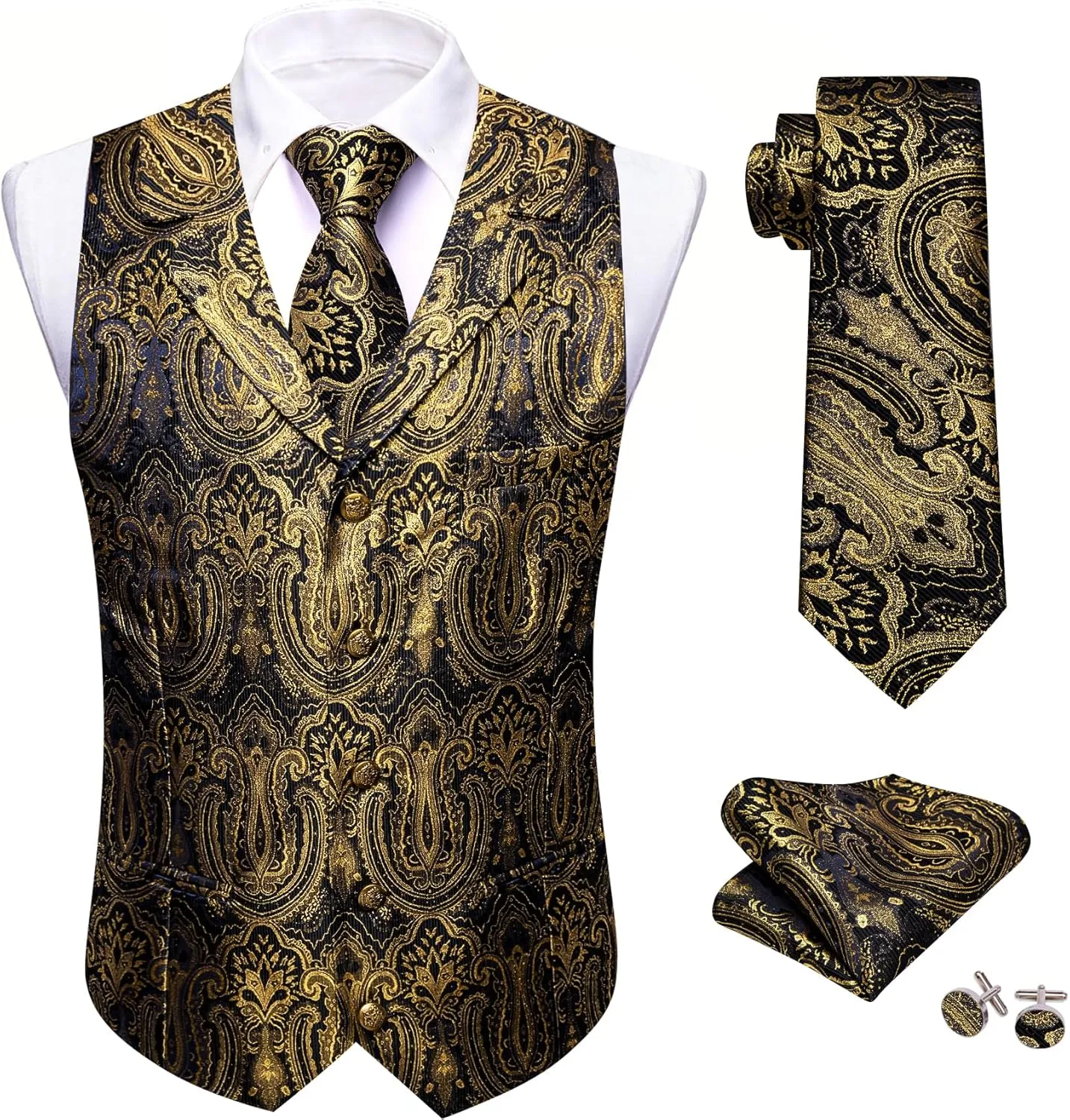 Barry.Wang Mens Silk Lapel/Shawl Collar Vest Tie Sleeve Holder Set Formal/Casual Paisley Vests Wedding Tuxedo Waistcoat