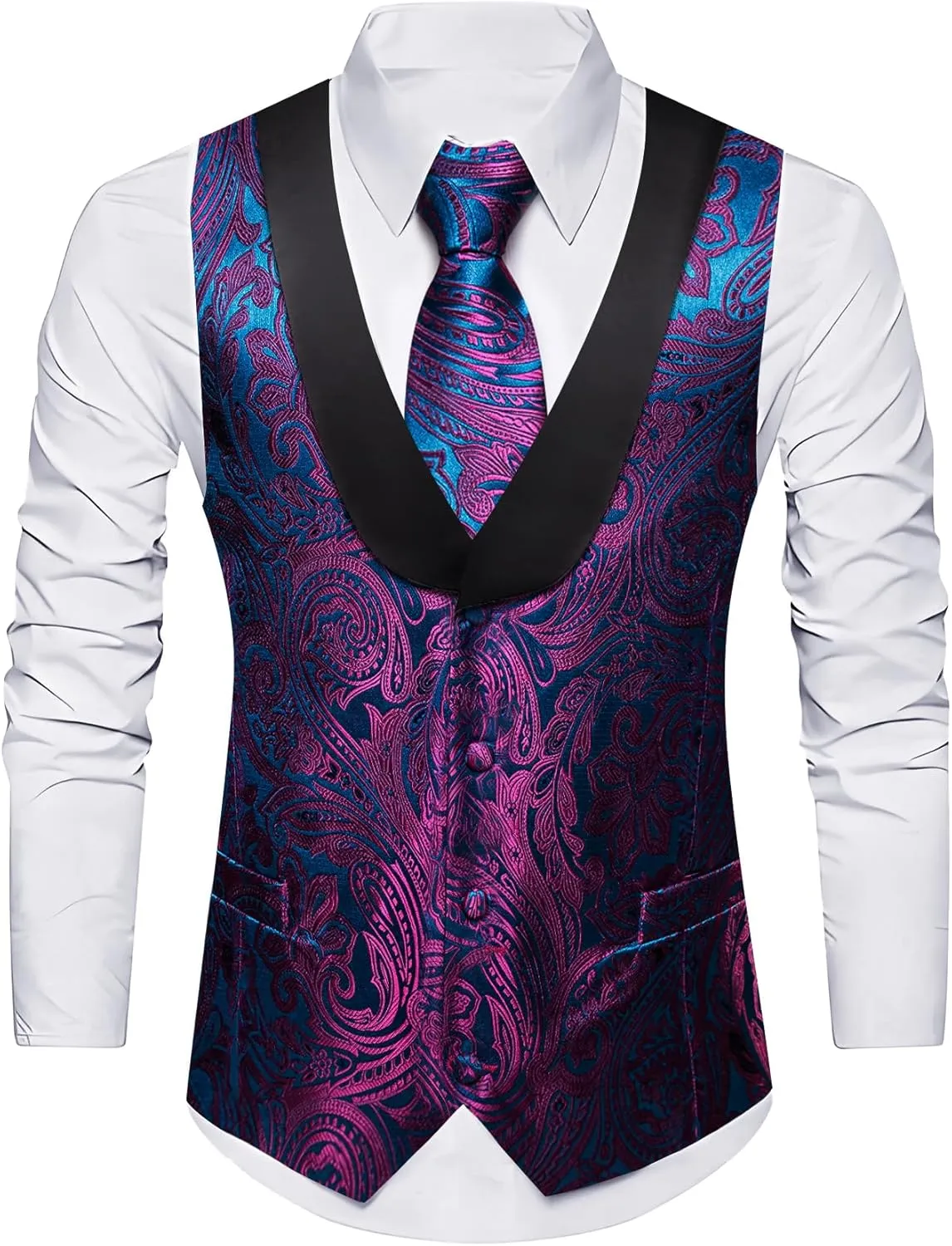 Barry.Wang Mens Silk Lapel/Shawl Collar Vest Tie Sleeve Holder Set Formal/Casual Paisley Vests Wedding Tuxedo Waistcoat