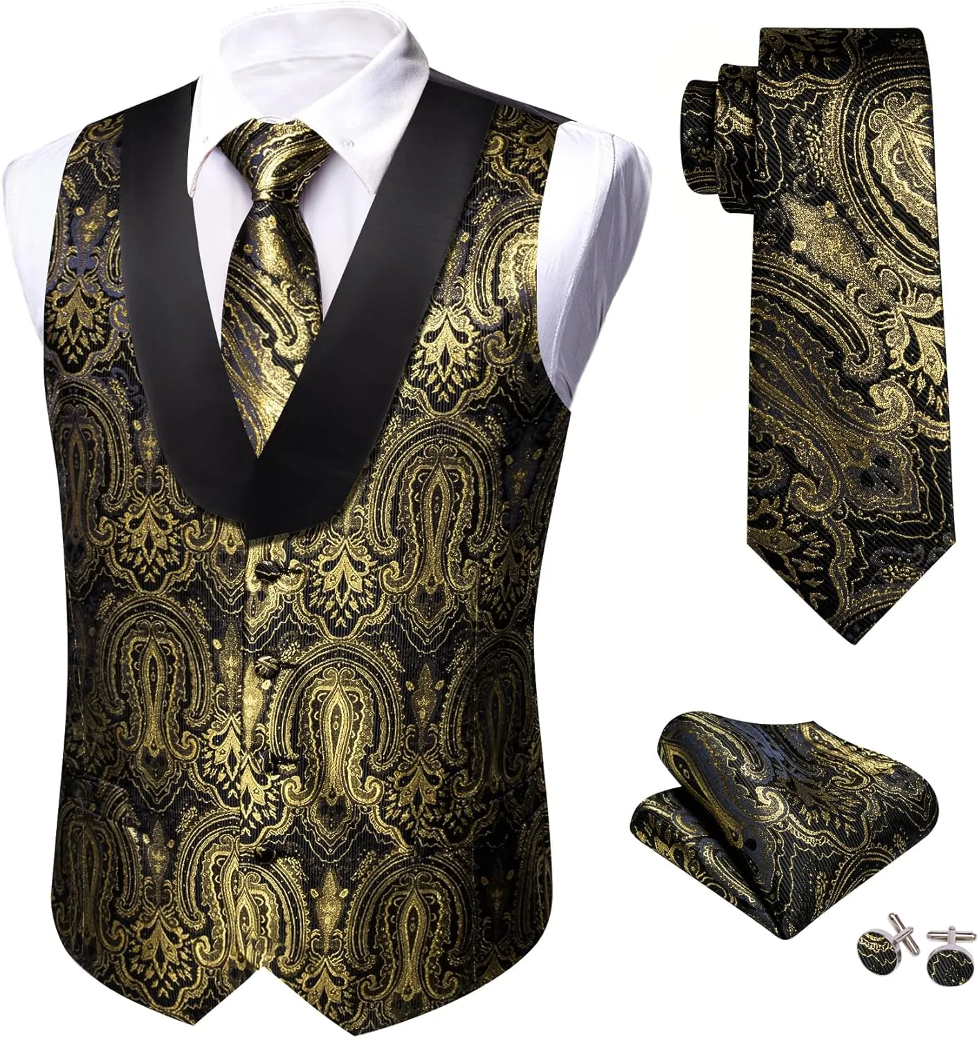 Barry.Wang Mens Silk Lapel/Shawl Collar Vest Tie Sleeve Holder Set Formal/Casual Paisley Vests Wedding Tuxedo Waistcoat