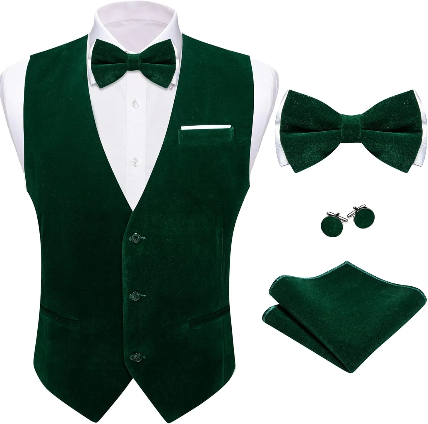 Barry.Wang Men's Velvet Vests Formal Waistcoat Bowtie Set Hanky Cufflink Armband Wedding Party Tuxedo Vest 6PCS