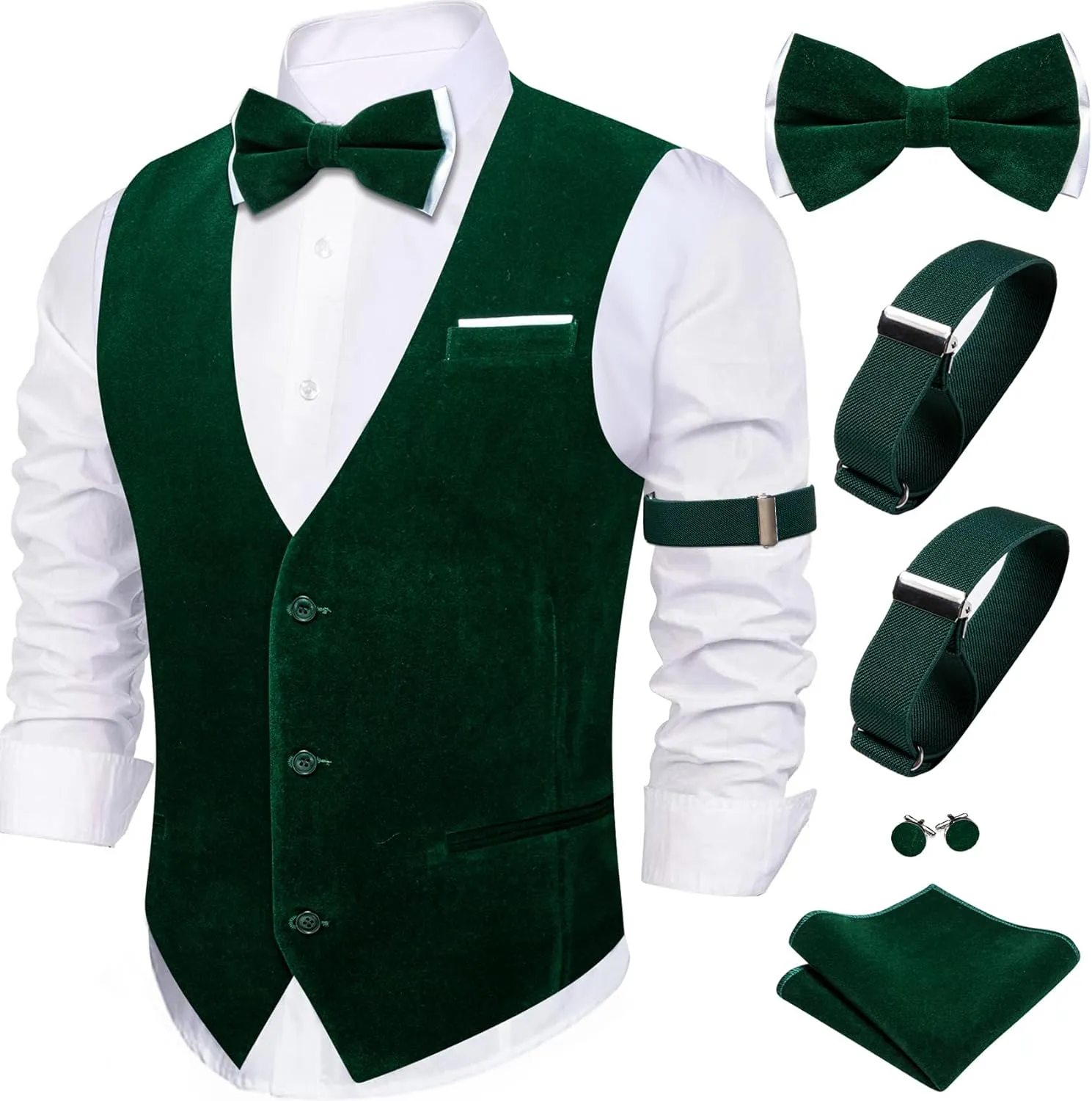 Barry.Wang Men's Velvet Vests Formal Waistcoat Bowtie Set Hanky Cufflink Armband Wedding Party Tuxedo Vest 6PCS