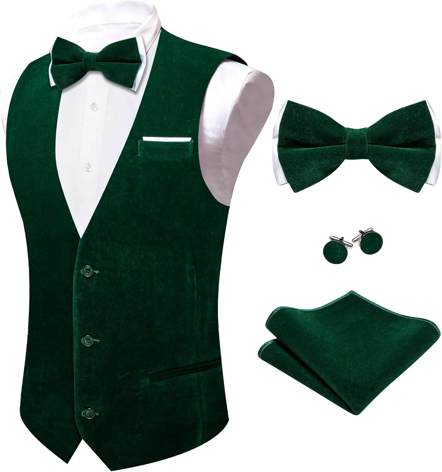 Barry.Wang Men's Velvet Vests Formal Waistcoat Bowtie Set Hanky Cufflink Armband Wedding Party Tuxedo Vest 6PCS