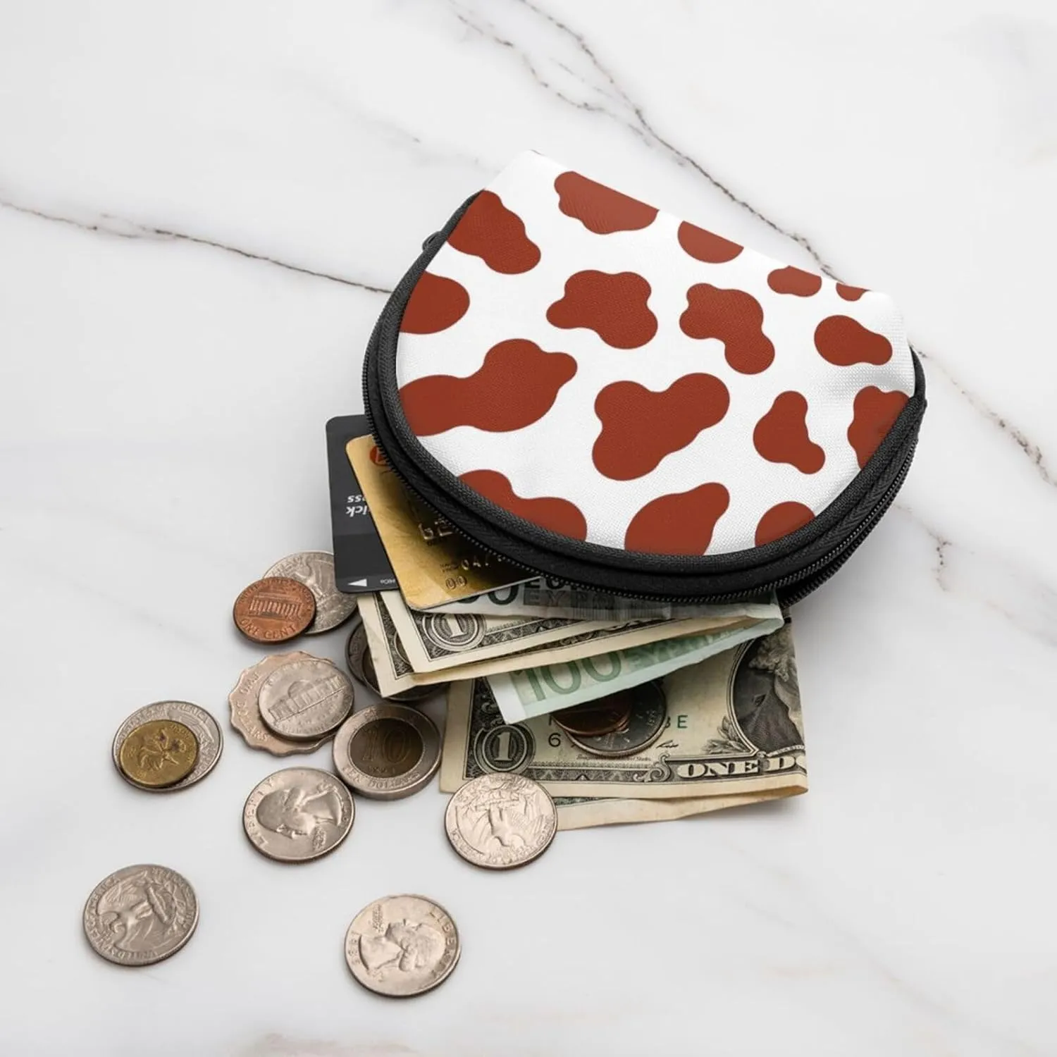 Brown Cow Print Coin Purse Mini Wallet Change Pouch Key Holder Zipper Small Cosmetic Makeup Storage Bags