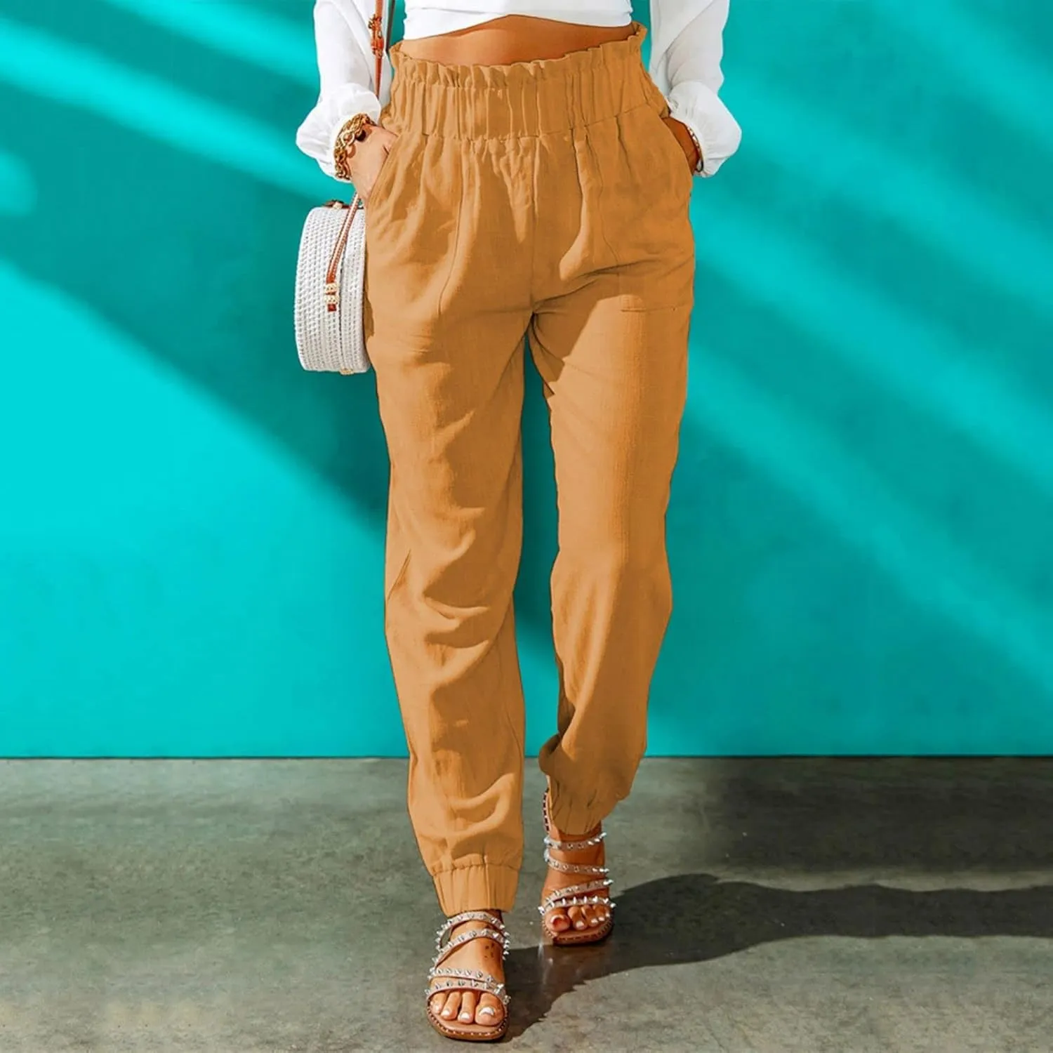 Canbebig Women's Elastic High Waist Cotton Linen Pants Solid Ruffled Long Palazzo Pants Casual Loose Trousers with Pockets
