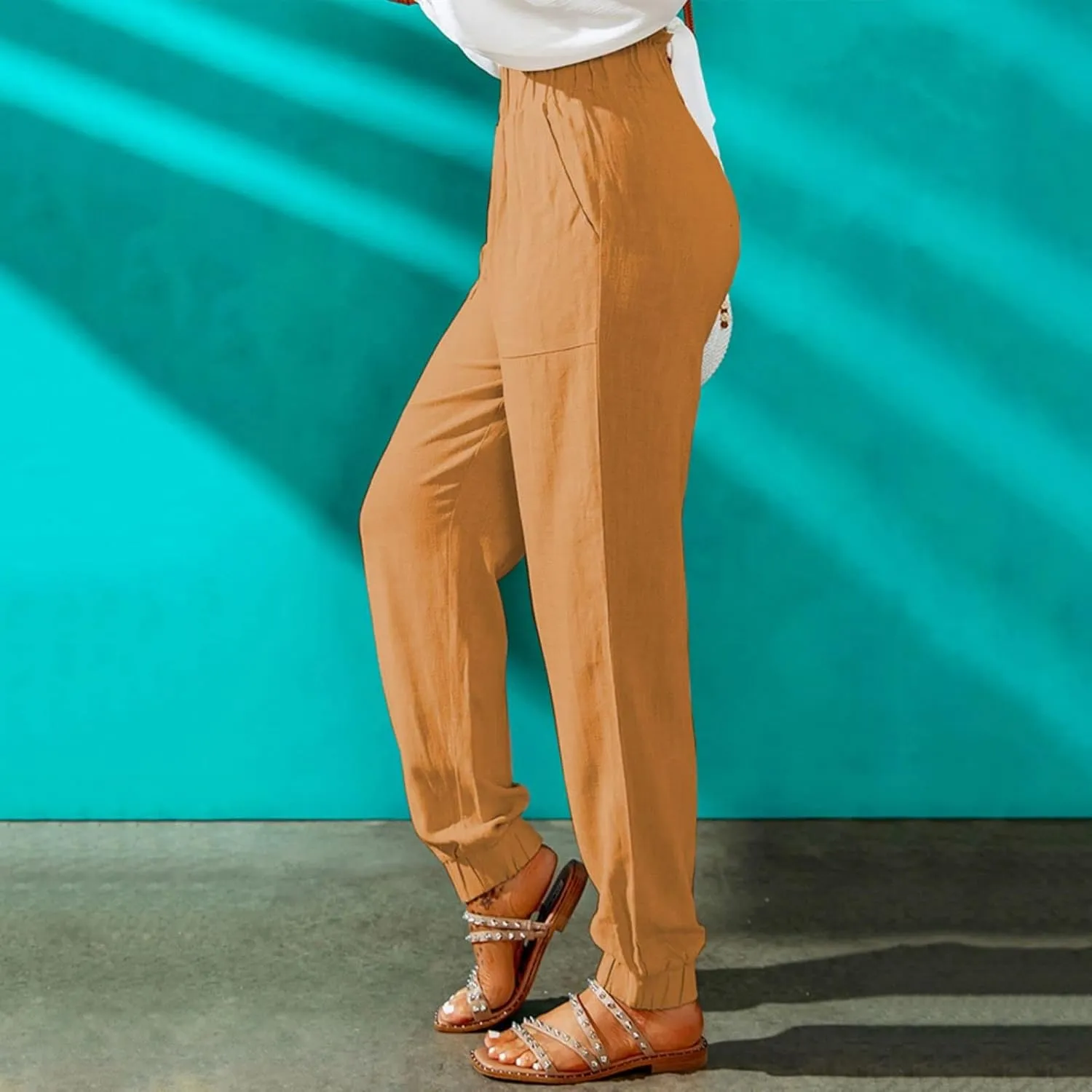 Canbebig Women's Elastic High Waist Cotton Linen Pants Solid Ruffled Long Palazzo Pants Casual Loose Trousers with Pockets
