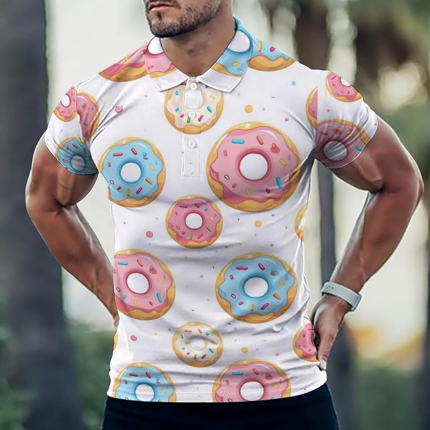Cartoon Donuts With Sprinkle Mens Polo Shirts Quick Dry Short Sleeve T-shirts Slim Tennis Collared Tees Tops