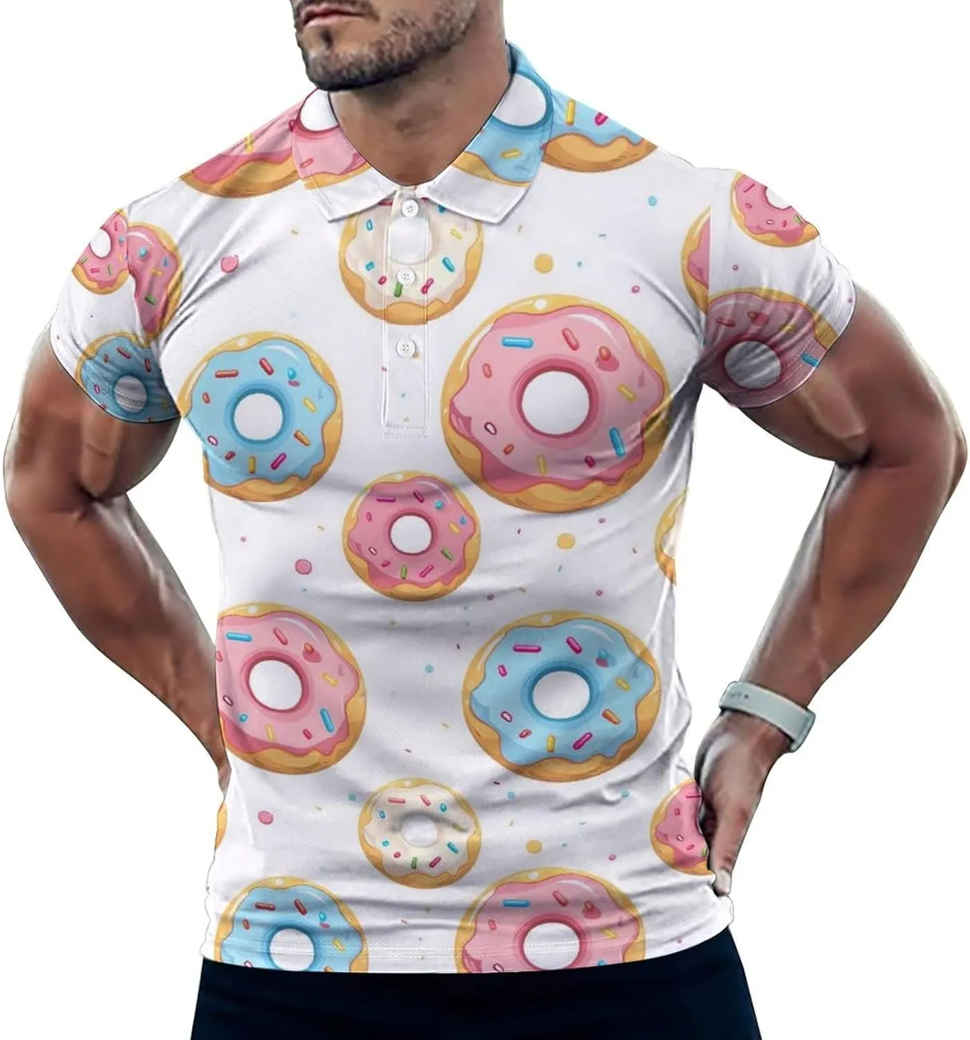 Cartoon Donuts With Sprinkle Mens Polo Shirts Quick Dry Short Sleeve T-shirts Slim Tennis Collared Tees Tops