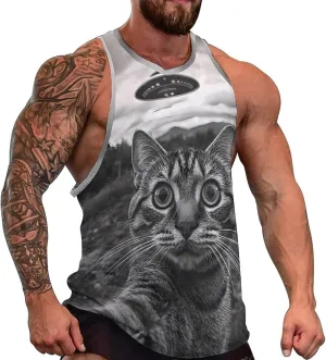 Cat Selfie With Aliens Spaceship Men's Activewear Tank Tops Gym Sleeveless Muscle T Shirts Workout Tees Vest