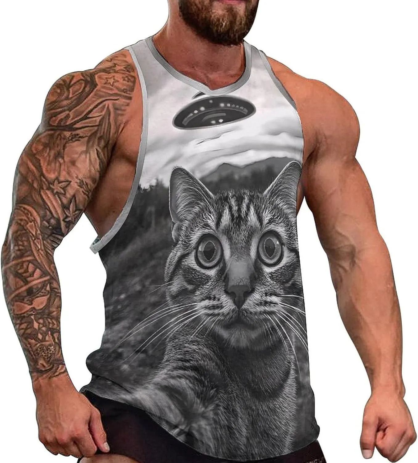 Cat Selfie With Aliens Spaceship Men's Activewear Tank Tops Gym Sleeveless Muscle T Shirts Workout Tees Vest