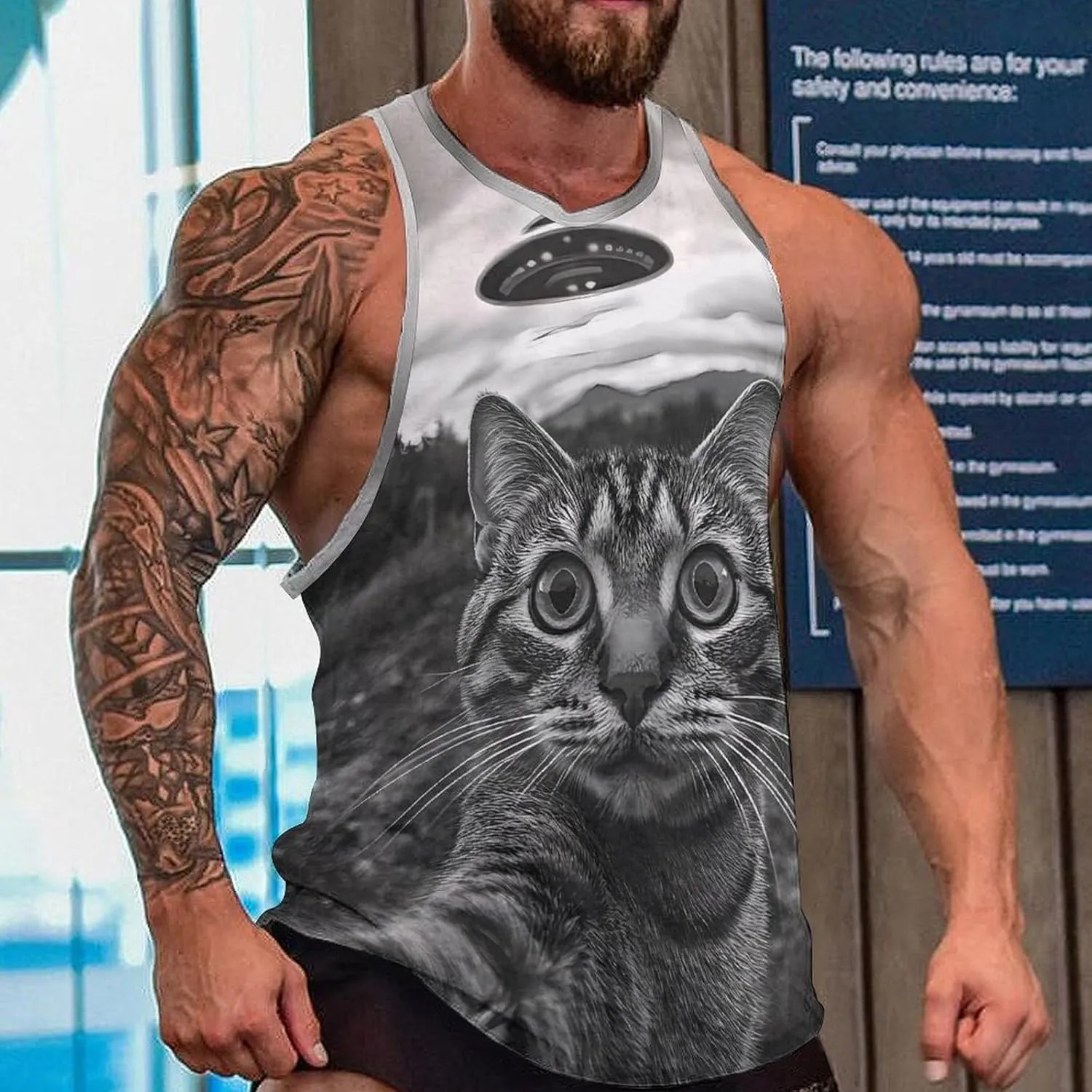 Cat Selfie With Aliens Spaceship Men's Activewear Tank Tops Gym Sleeveless Muscle T Shirts Workout Tees Vest