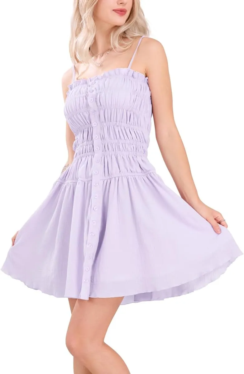 chouyatou Women's Summer Boho Mini Dress Spaghetti Strap Cute Babydoll Dress Ruffle Flowy Beach Sundress
