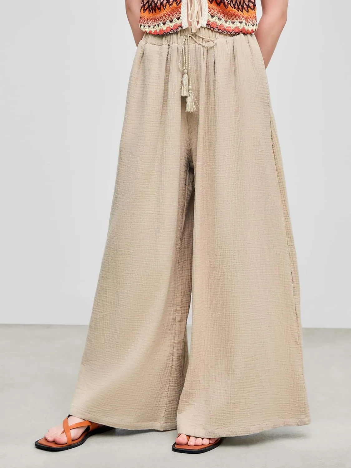 CIDER Women's High Waisted Wide Leg Pants with Pockets Drawstring Palazzo Business Casual Dress Pants Loose Trousers