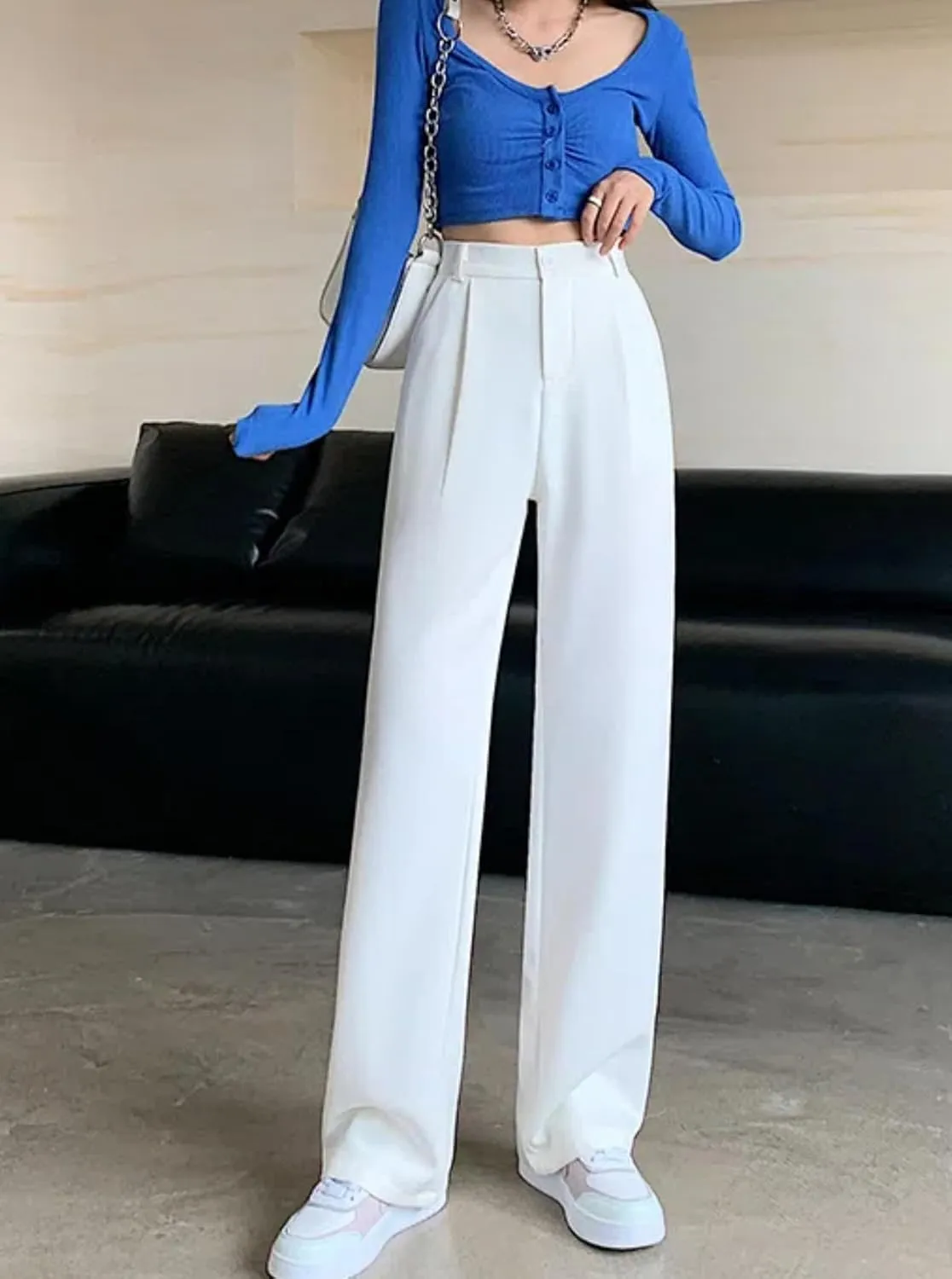 Cocoinsity Women Casual Suit Pants High Waist Solid Button Down Straight Loose Trousers