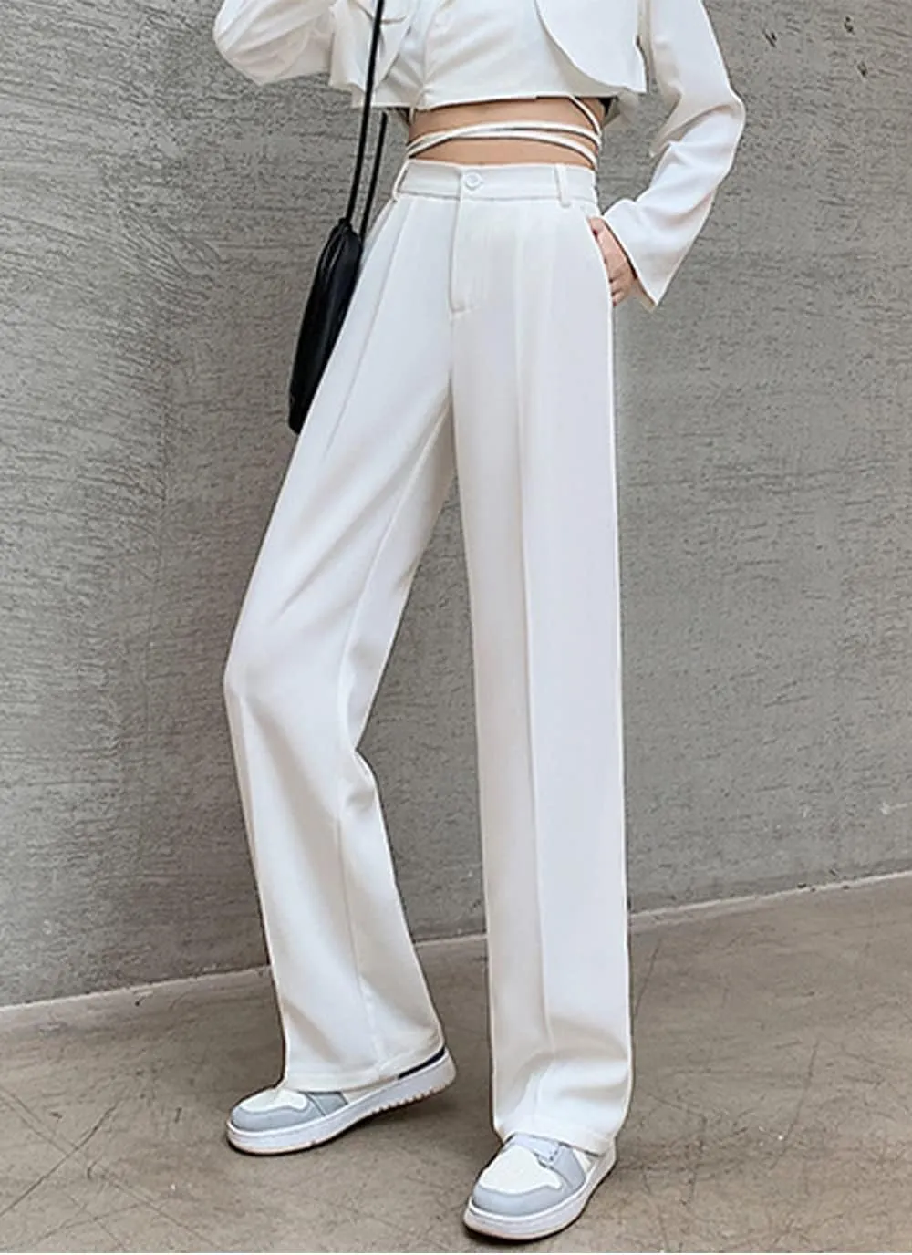 Cocoinsity Women Casual Suit Pants High Waist Solid Button Down Straight Loose Trousers