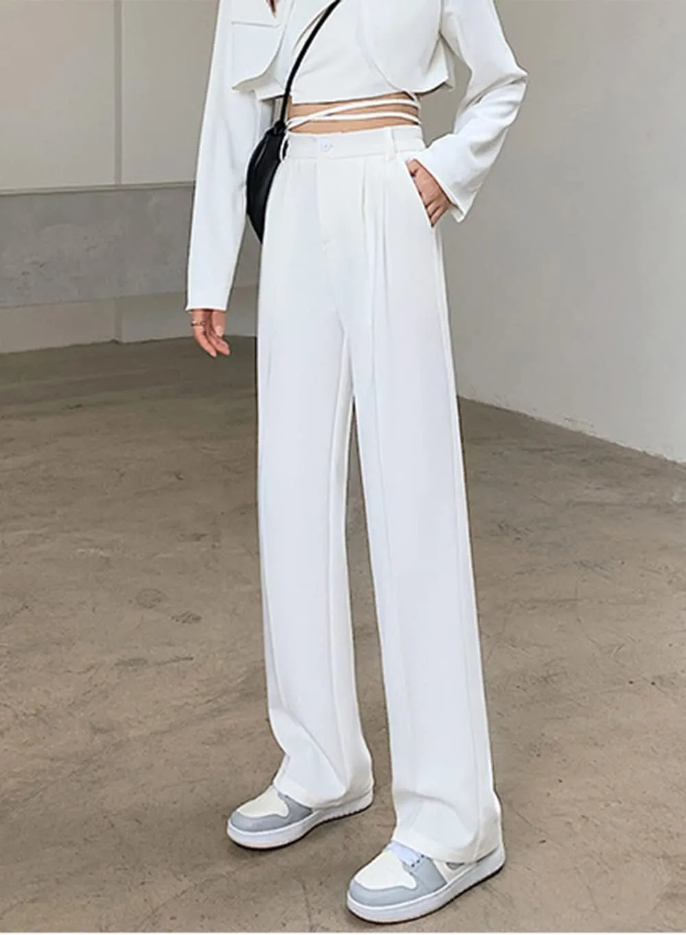Cocoinsity Women Casual Suit Pants High Waist Solid Button Down Straight Loose Trousers