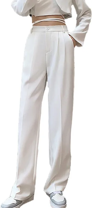 Cocoinsity Women Casual Suit Pants High Waist Solid Button Down Straight Loose Trousers