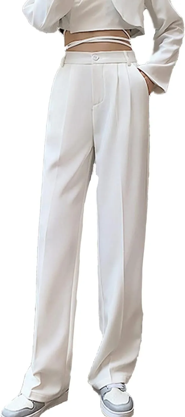 Cocoinsity Women Casual Suit Pants High Waist Solid Button Down Straight Loose Trousers