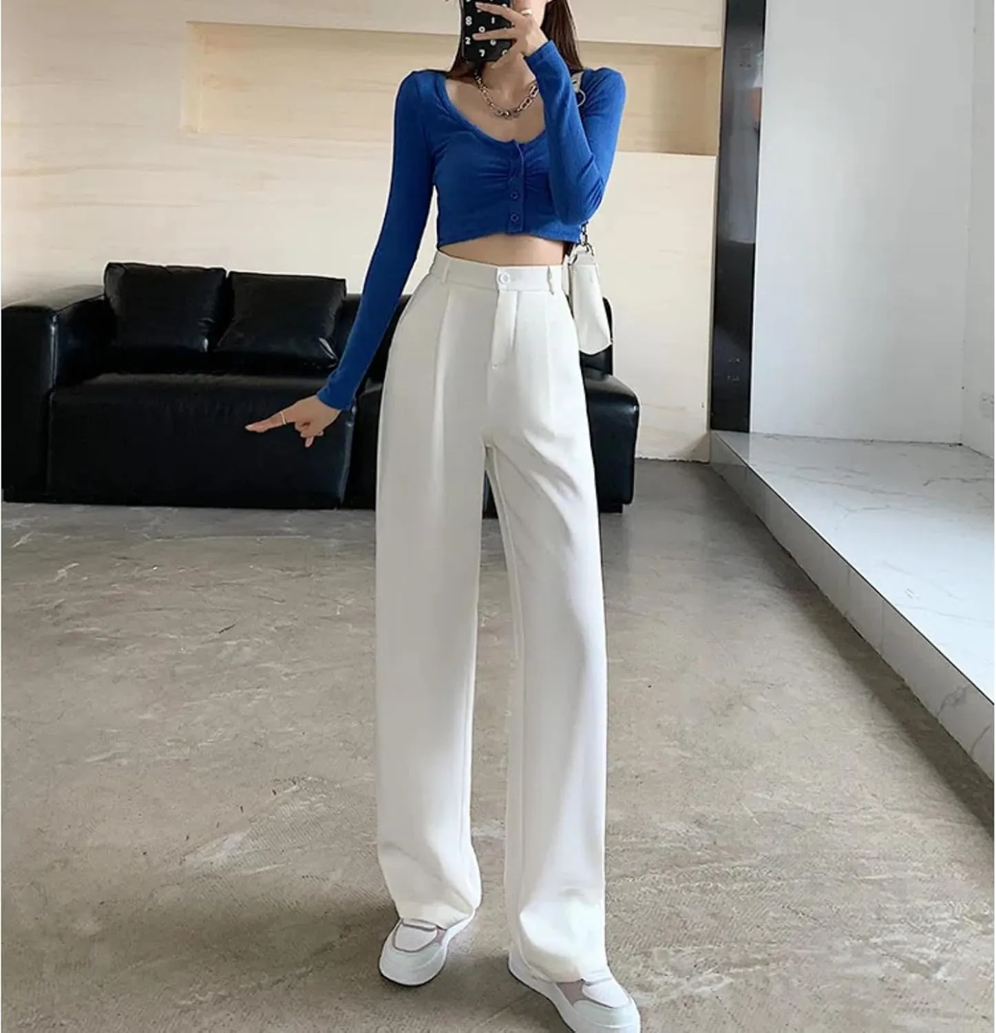Cocoinsity Women Casual Suit Pants High Waist Solid Button Down Straight Loose Trousers