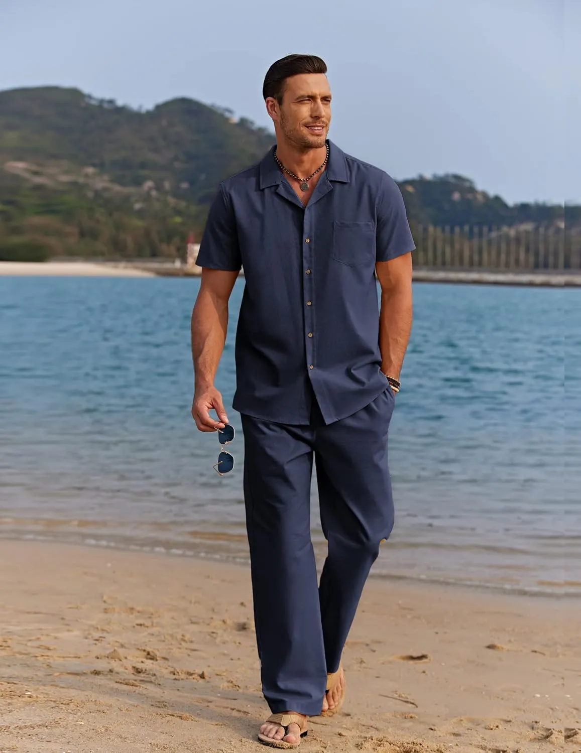 COOFANDY Men 2 Piece Linen Outfit Beach Button Down Shirt Casual Loose Pant Sets