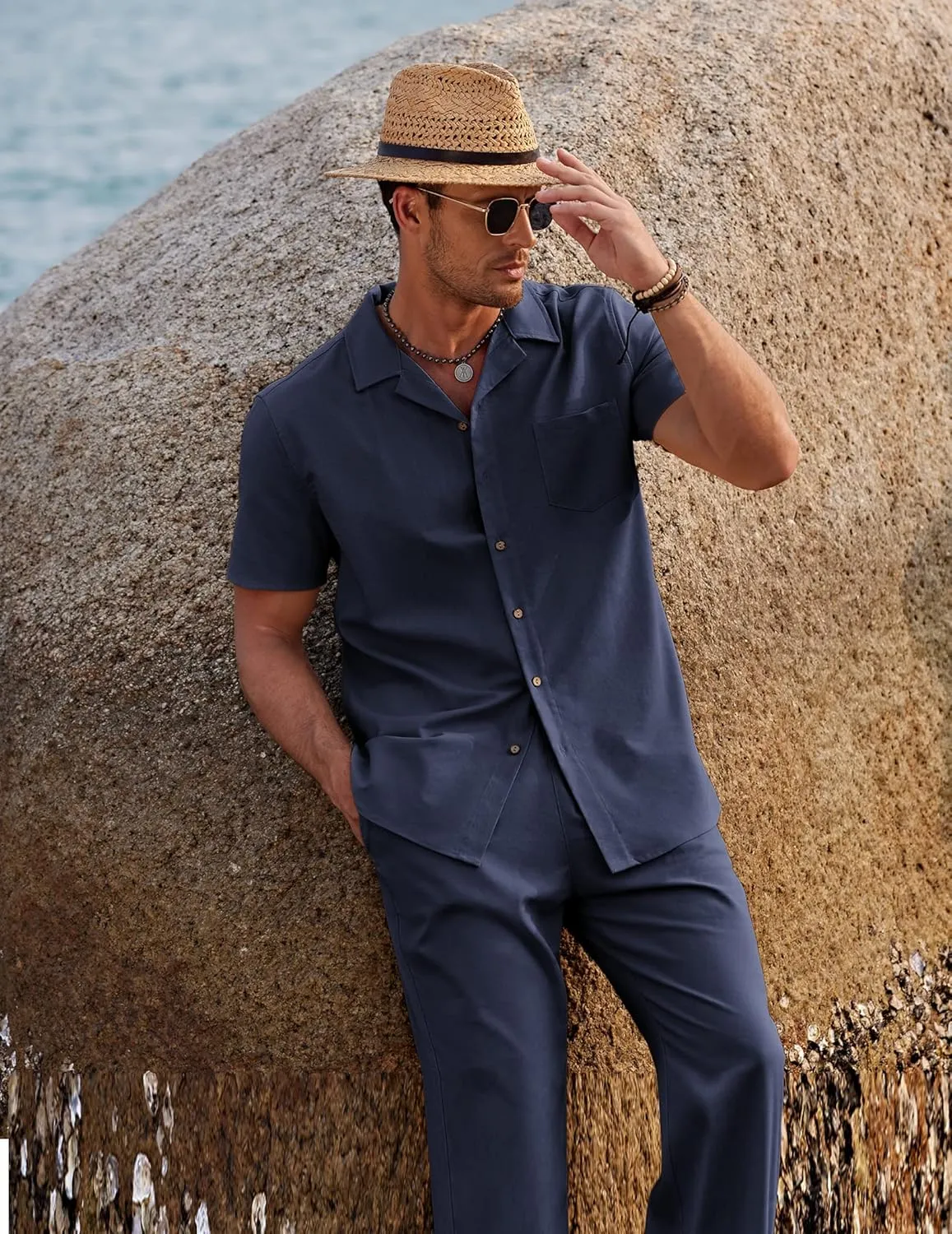 COOFANDY Men 2 Piece Linen Outfit Beach Button Down Shirt Casual Loose Pant Sets