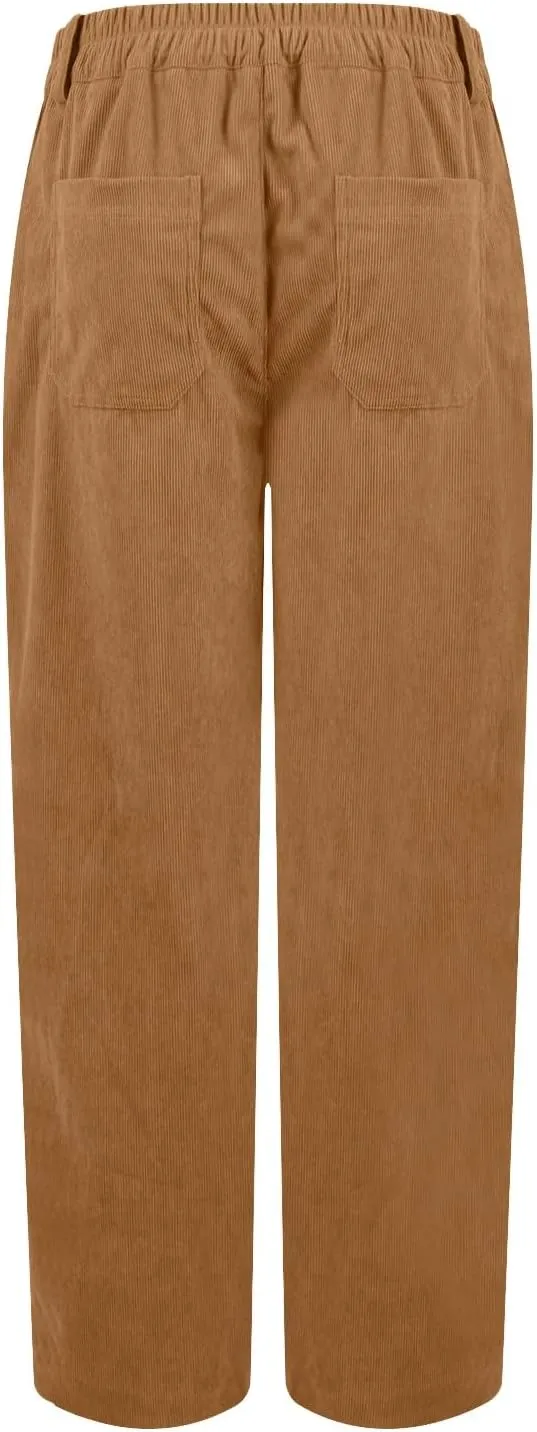 Corduroy Pants Women Elastic High Waisted Straight Leg Work Pants Business Casual Loose Trousers Pants with Pockets