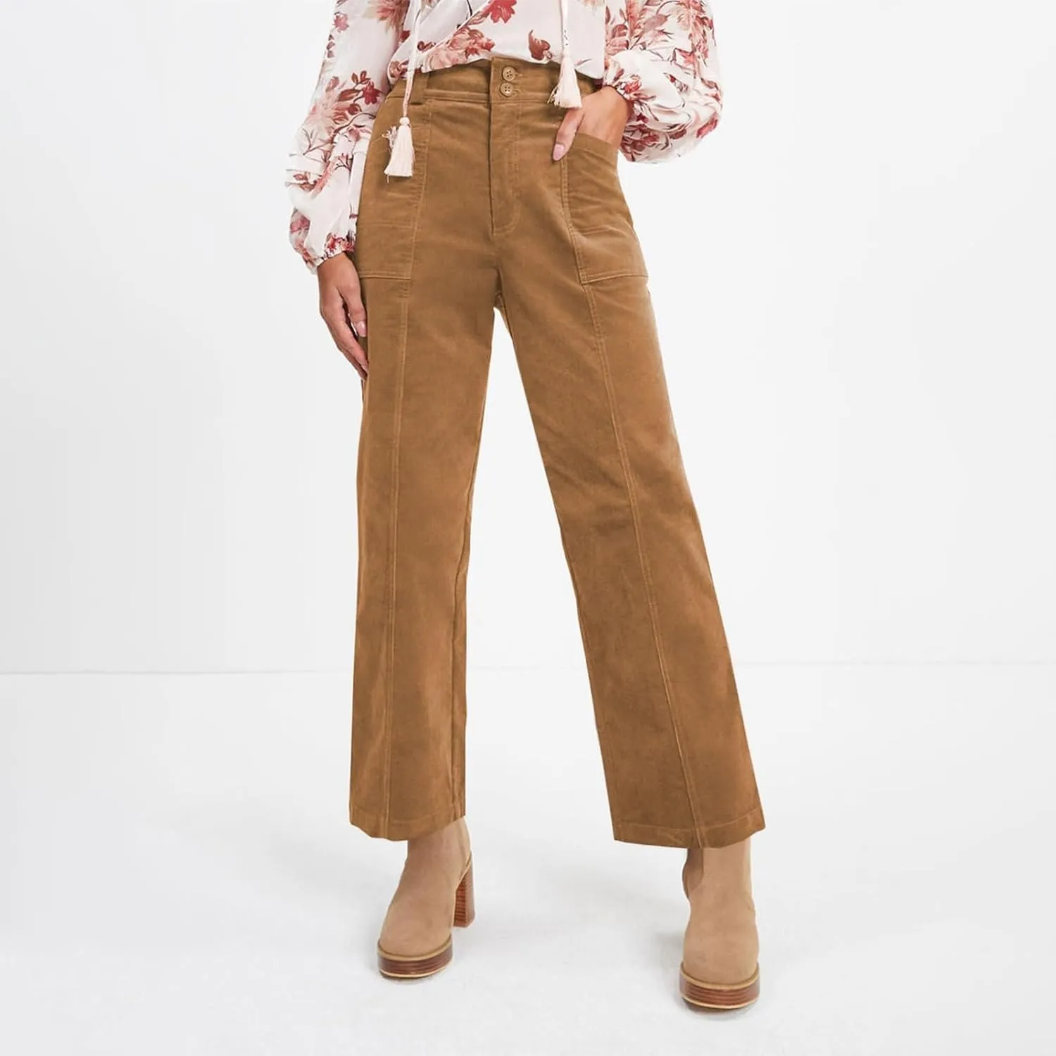 Corduroy Pants Women Elastic High Waisted Straight Leg Work Pants Business Casual Loose Trousers Pants with Pockets