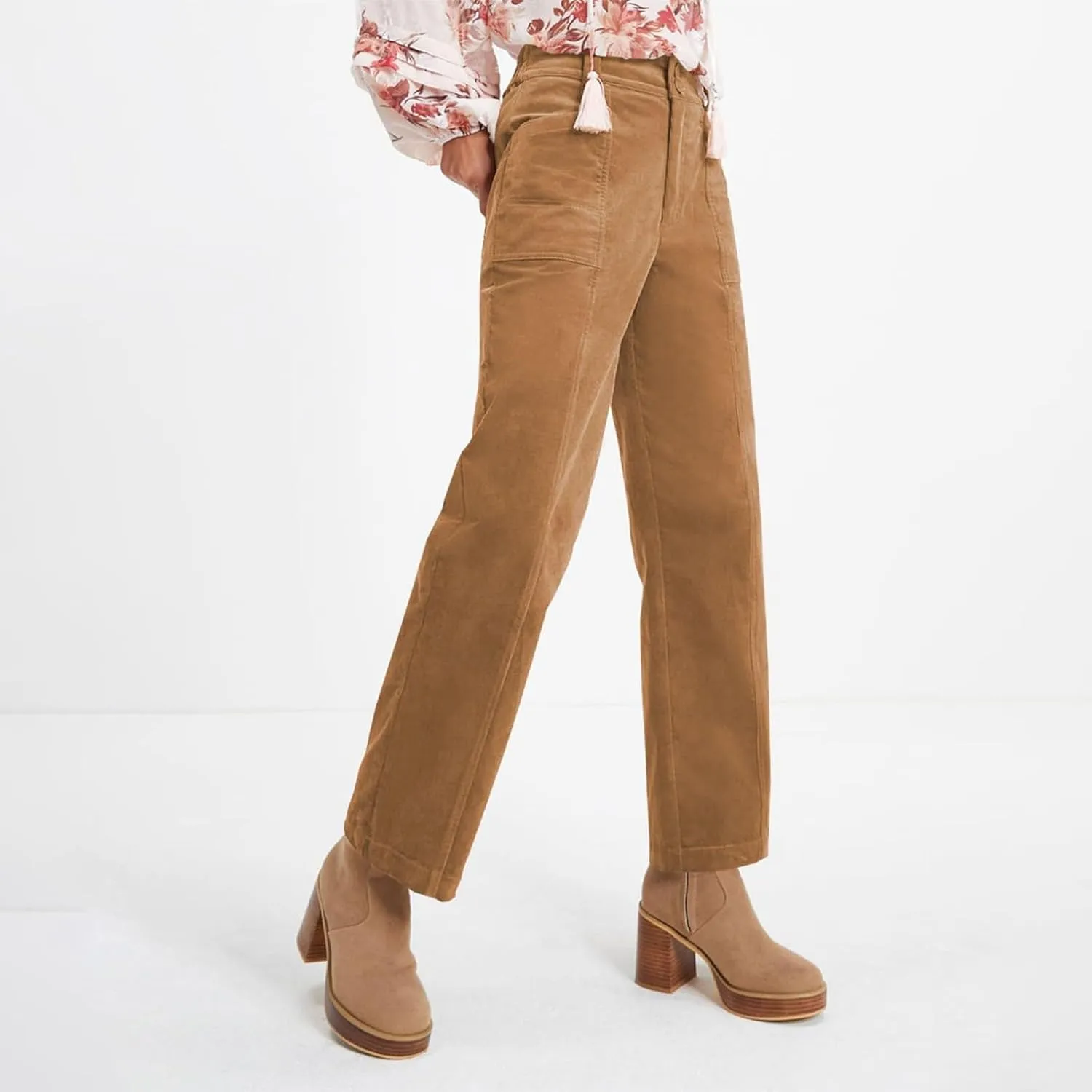 Corduroy Pants Women Elastic High Waisted Straight Leg Work Pants Business Casual Loose Trousers Pants with Pockets