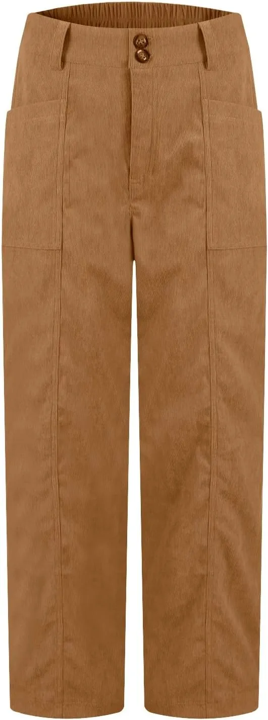 Corduroy Pants Women Elastic High Waisted Straight Leg Work Pants Business Casual Loose Trousers Pants with Pockets